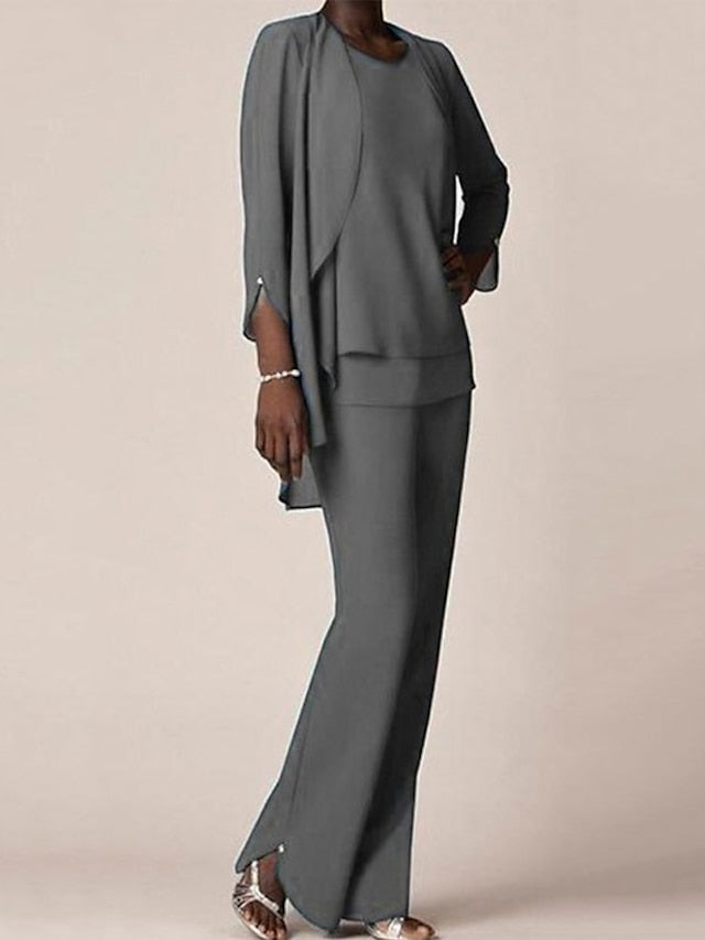 Floor-Length V-Neck Chiffon Pantsuit with Ruffles for the Mother of the Bride