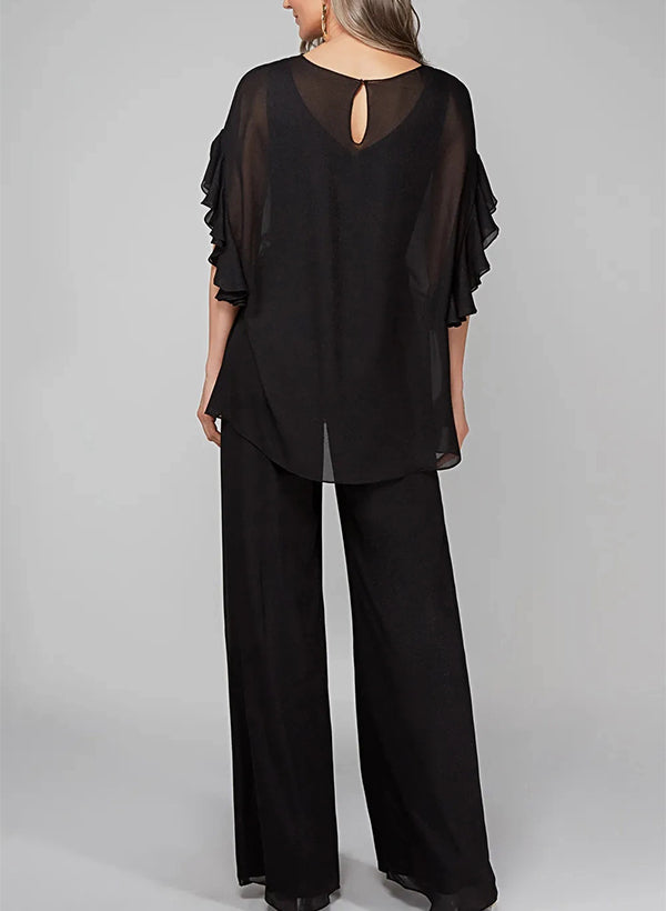 Chiffon Mother of the Bride Pantsuits with Scoop Neck and Half Sleeves
