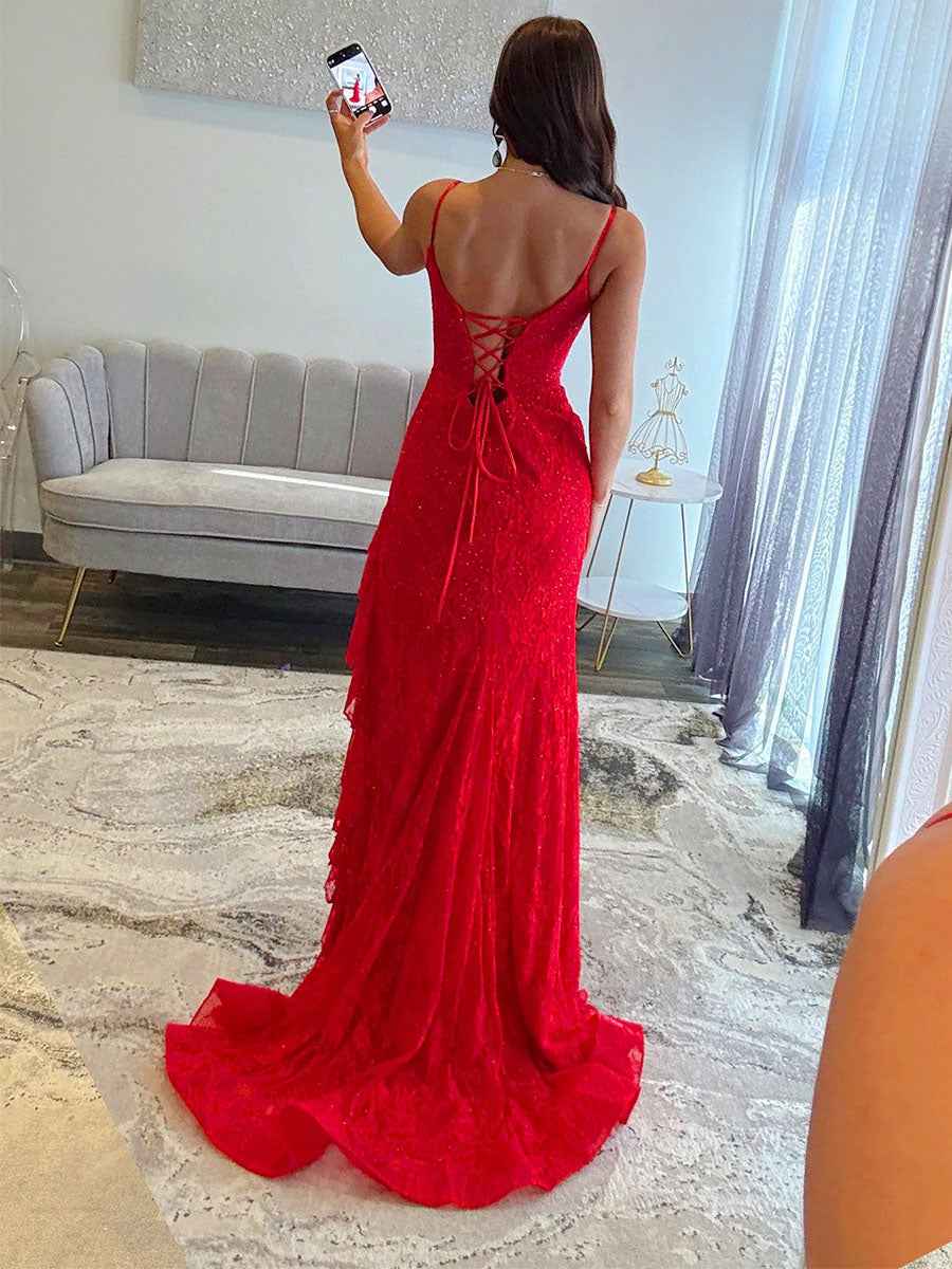 Lace Embroidery Ruffle Long Prom Dress with Slit