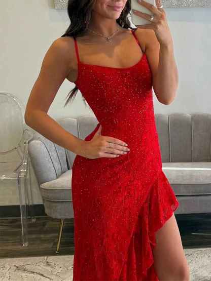 Lace Embroidery Ruffle Long Prom Dress with Slit