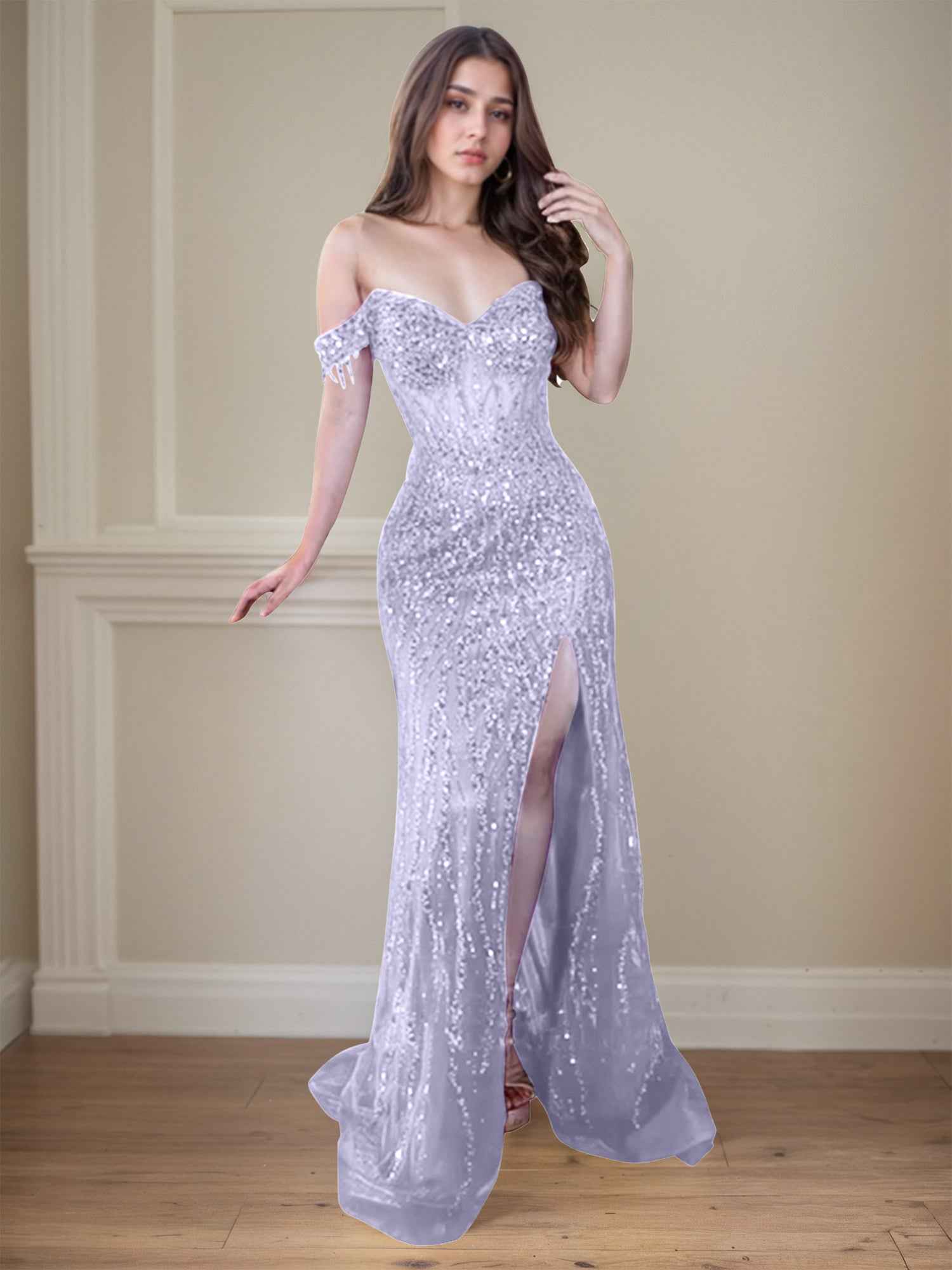 Red Off-the-Shoulder Beaded Tulle Long Prom Dress with Swirling Sequins