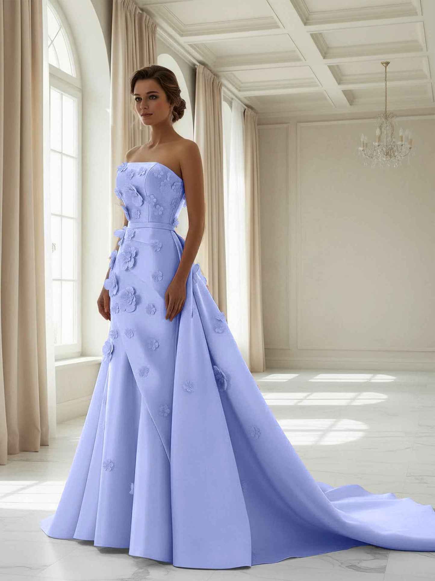 Pink A Line Satin Strapless Prom Dress with 3D Floral Appliques