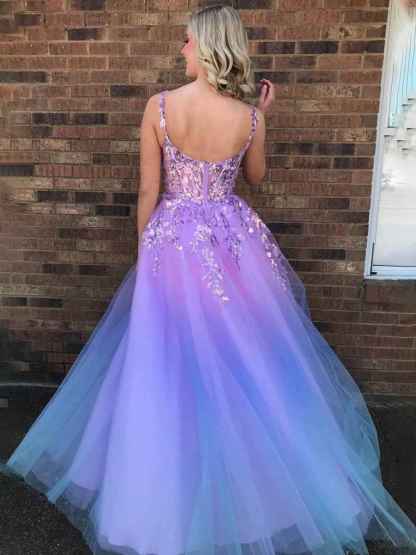 Lavender A-Line Straps Empire-Waist Tulle Prom Dress with Appliques