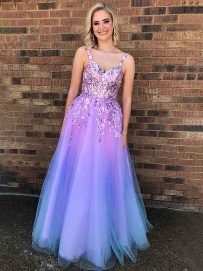 Lavender A-Line Straps Empire-Waist Tulle Prom Dress with Appliques