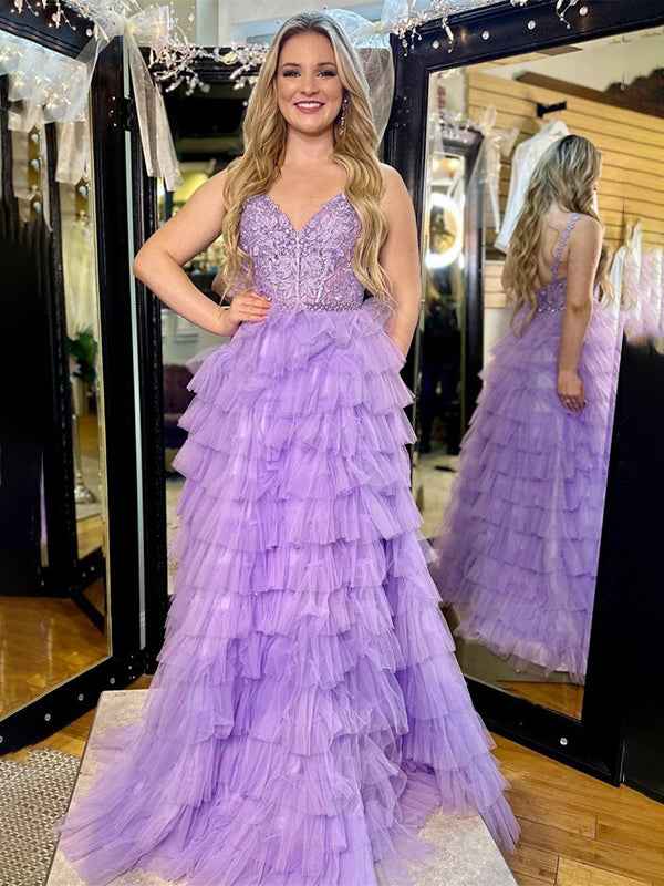 Lavender A Line V-Neck Ruffle Tiered Long Prom Dress with Appliques