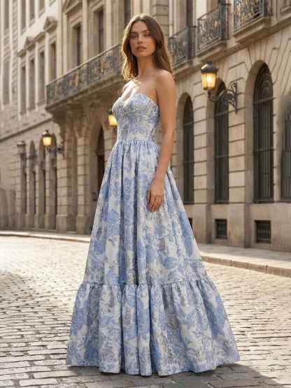 Lavender Floral Brocade Strapless Corset A-Line Prom Dress