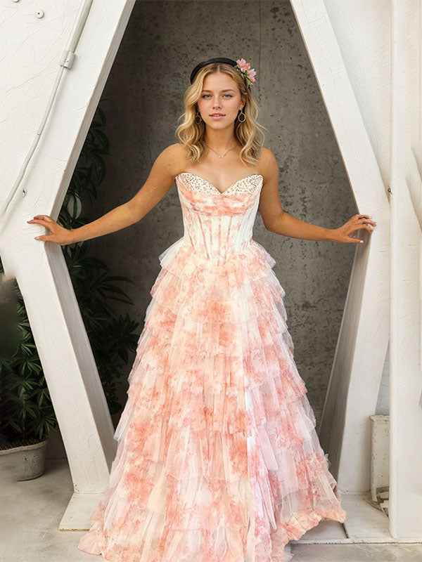 Lavender Floral Strapless Ruffled Tiered Corset Long Prom Dress