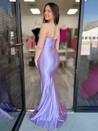 Lavender Mermaid Strapless Ruched Long Prom Dress with High Slit