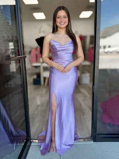 Lavender Mermaid Strapless Ruched Long Prom Dress with High Slit