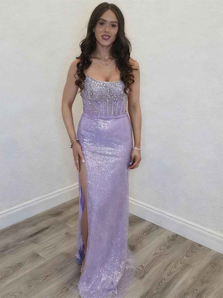 Lavender Beaded Bodice Long Prom Dress with High Slit