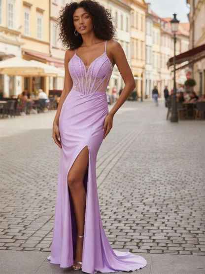 Lavender Beaded Sheer Corset Satin Prom Dress with Ruched High Slit