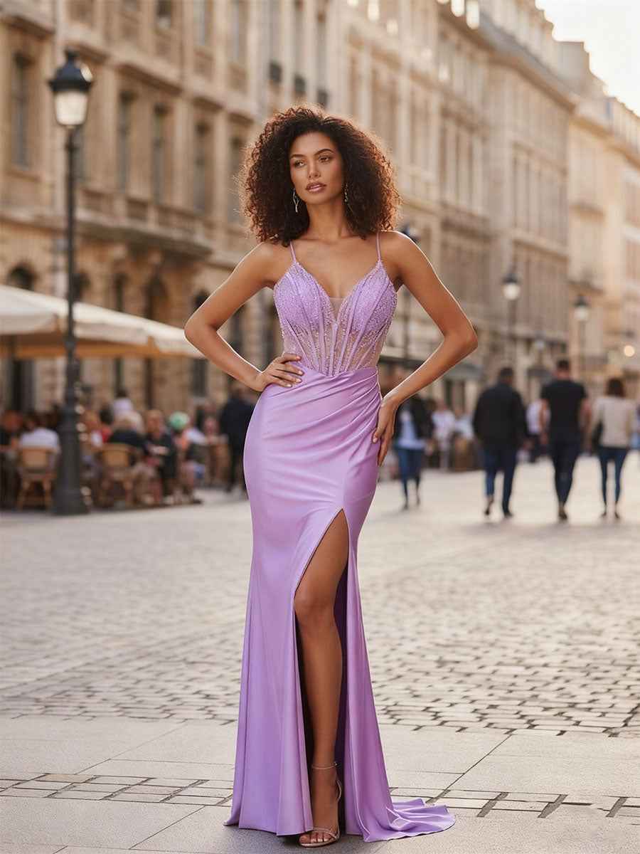 Lavender Beaded Sheer Corset Satin Prom Dress with Ruched High Slit