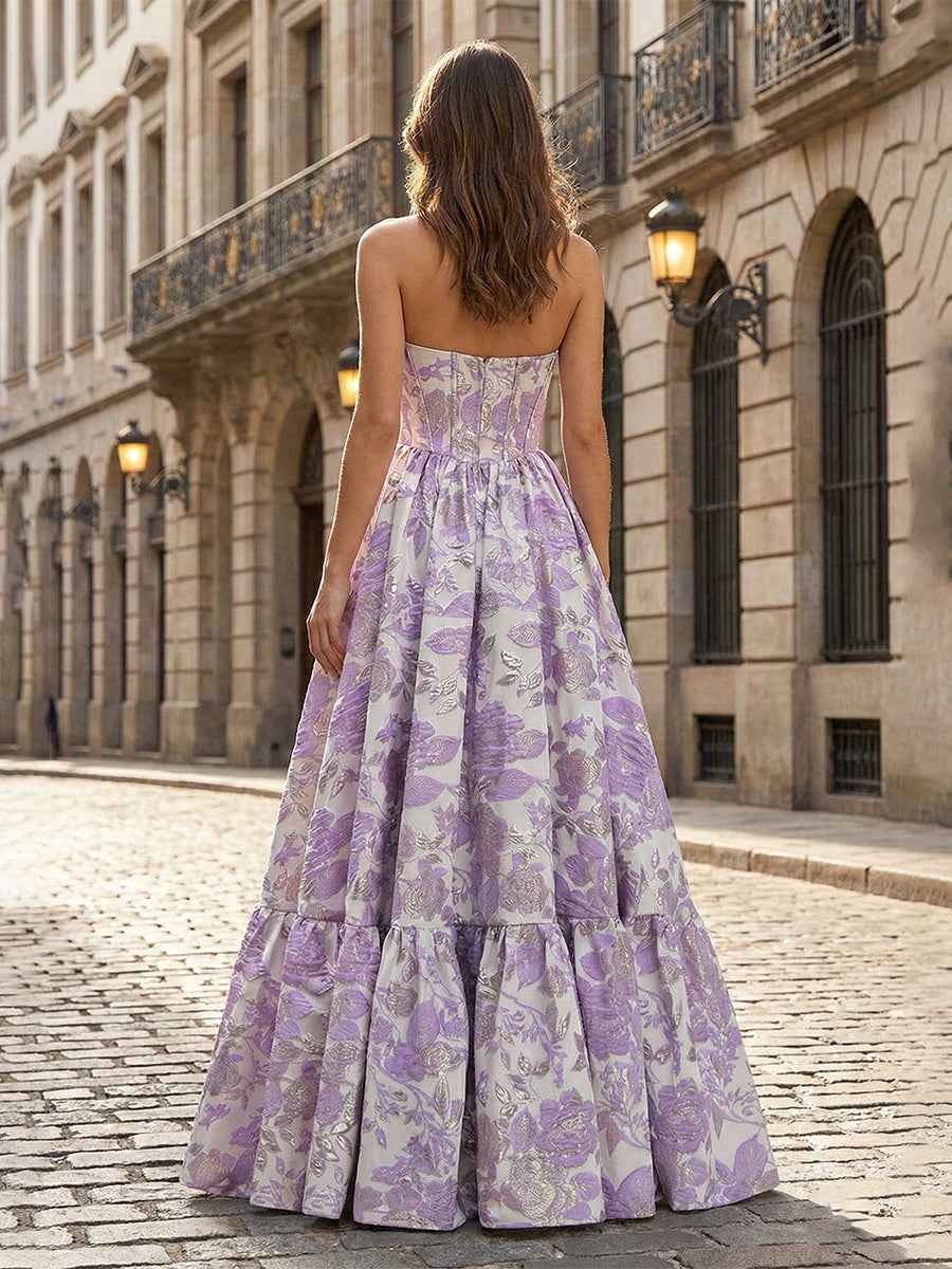 Lavender Floral Brocade Strapless Corset A-Line Prom Dress