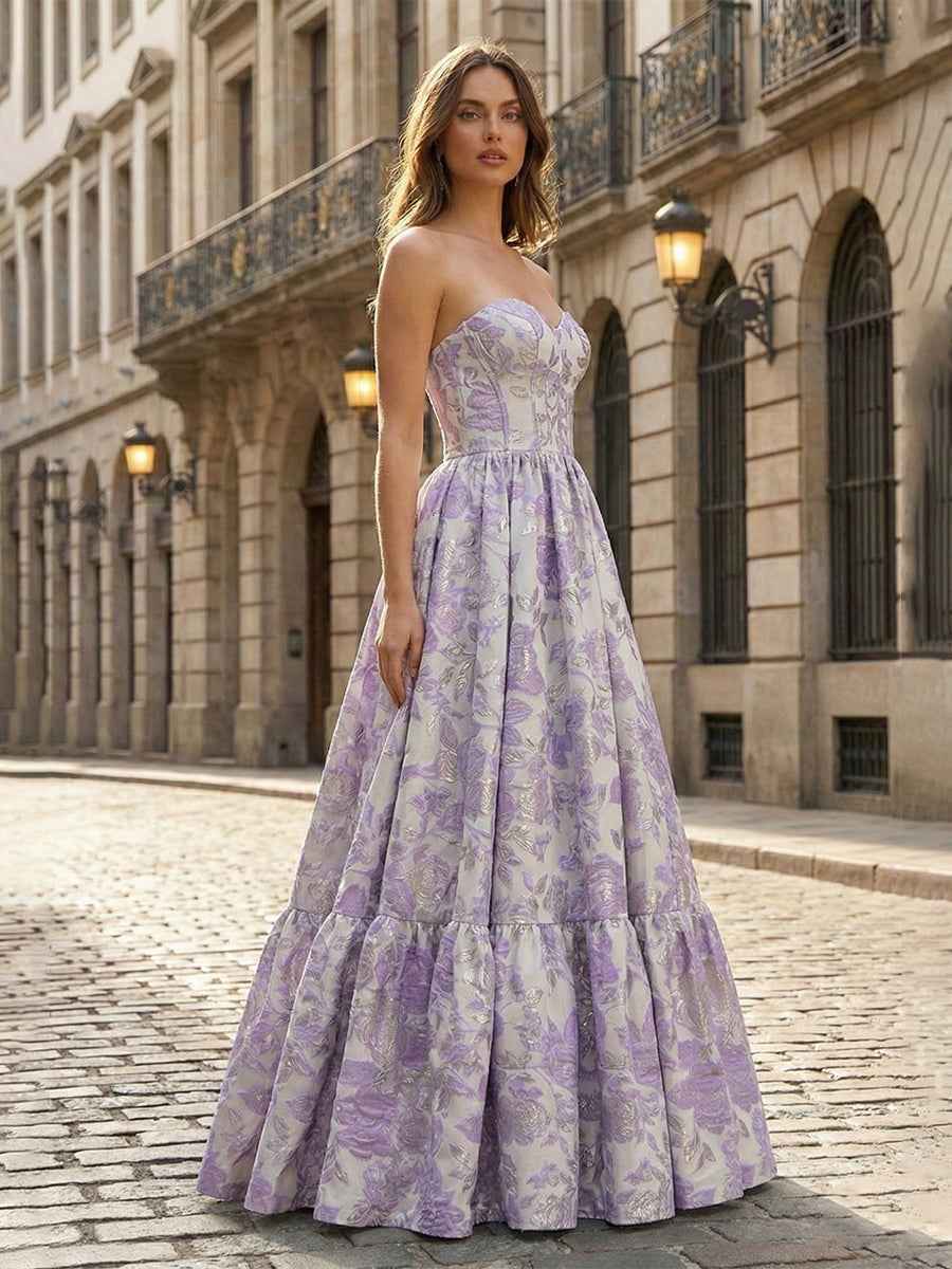 Lavender Floral Brocade Strapless Corset A-Line Prom Dress