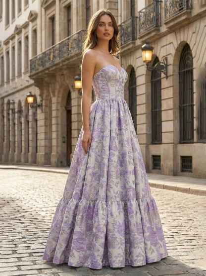 Lavender Floral Brocade Strapless Corset A-Line Prom Dress