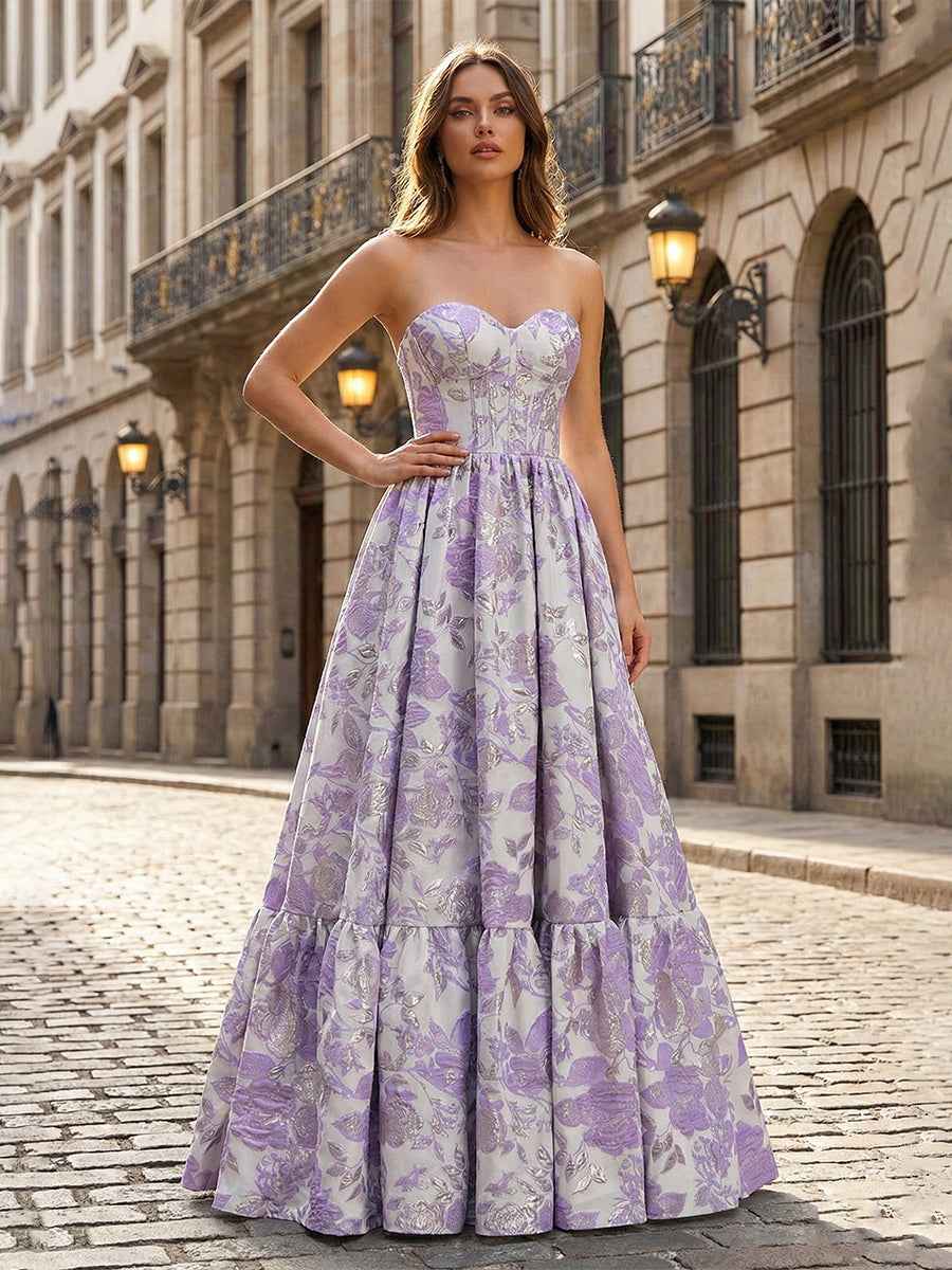 Lavender Floral Brocade Strapless Corset A-Line Prom Dress