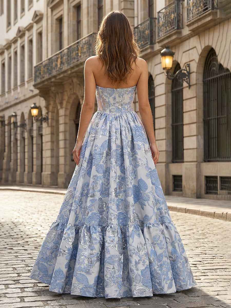 Lavender Floral Brocade Strapless Corset A-Line Prom Dress