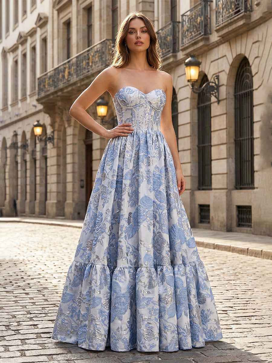 Lavender Floral Brocade Strapless Corset A-Line Prom Dress