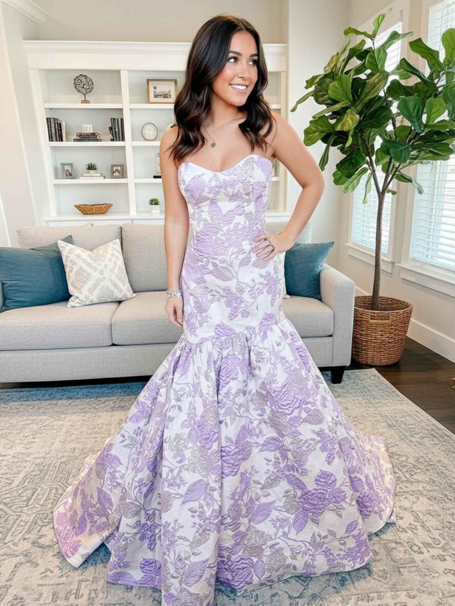 Lavender Floral Brocade Strapless Mermaid Long Prom Dress