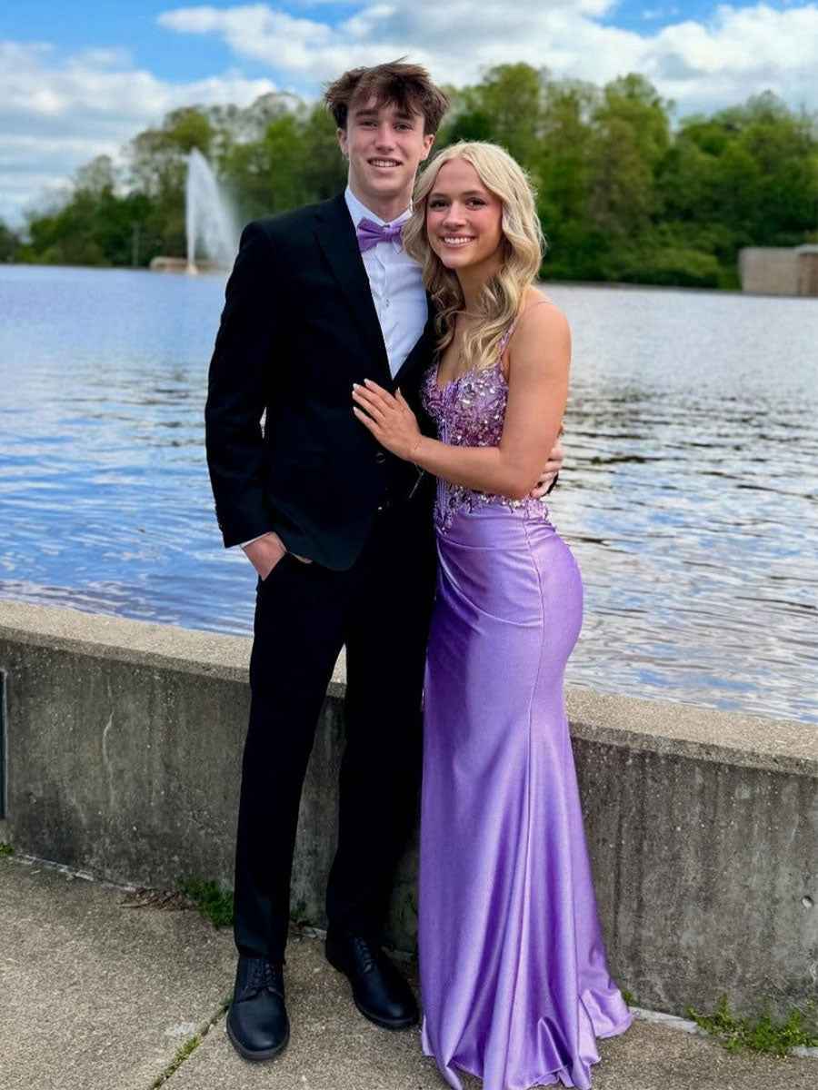 Lavender Sheer Floral Applique| Corset Satin Prom Dress with High Slit