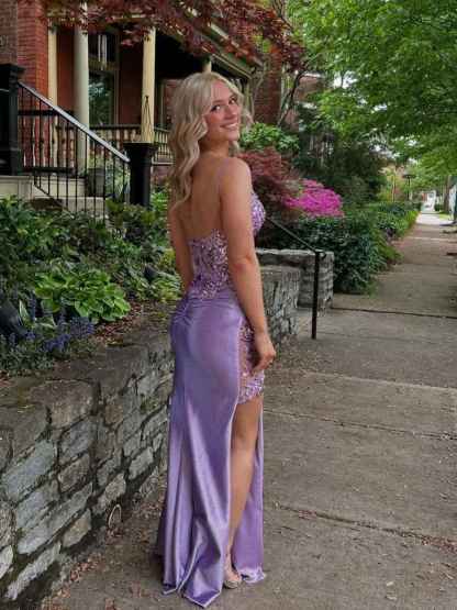 Lavender Sheer Floral Applique| Corset Satin Prom Dress with High Slit