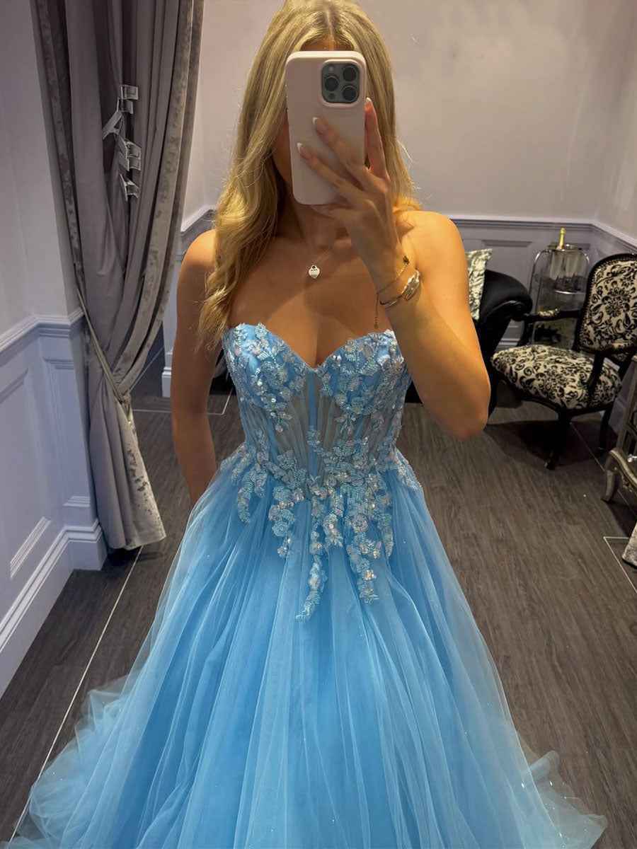Lavender Sweetheart Corset Tulle Prom Dress with 3D Floral Applique|s