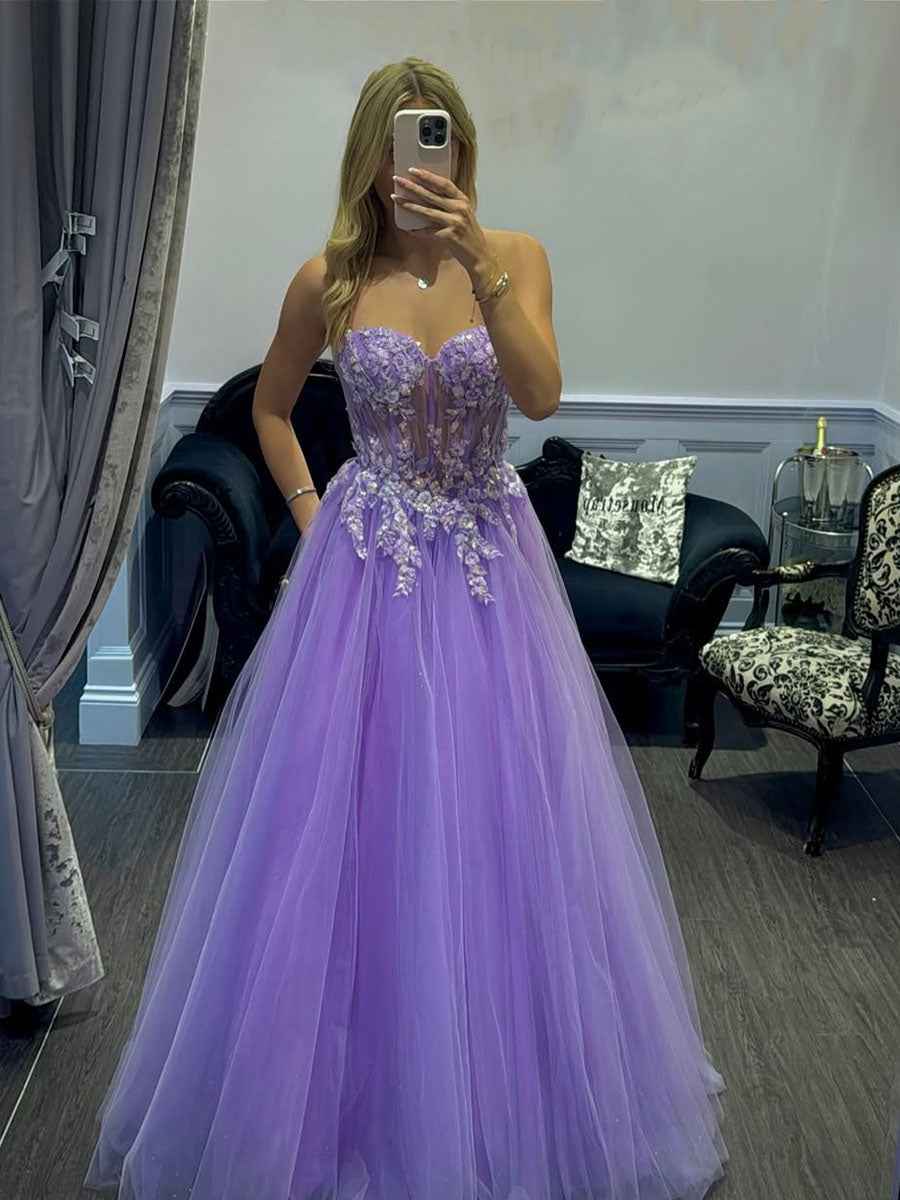 Lavender Sweetheart Corset Tulle Prom Dress with 3D Floral Applique|s