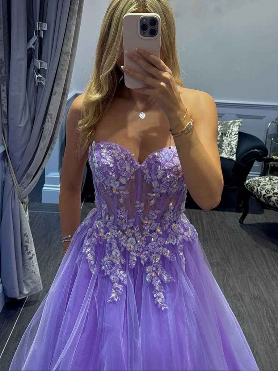 Lavender Sweetheart Corset Tulle Prom Dress with 3D Floral Applique|s