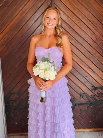 Lavender Sweetheart Tiered Ruffled Tulle Long Prom Dress