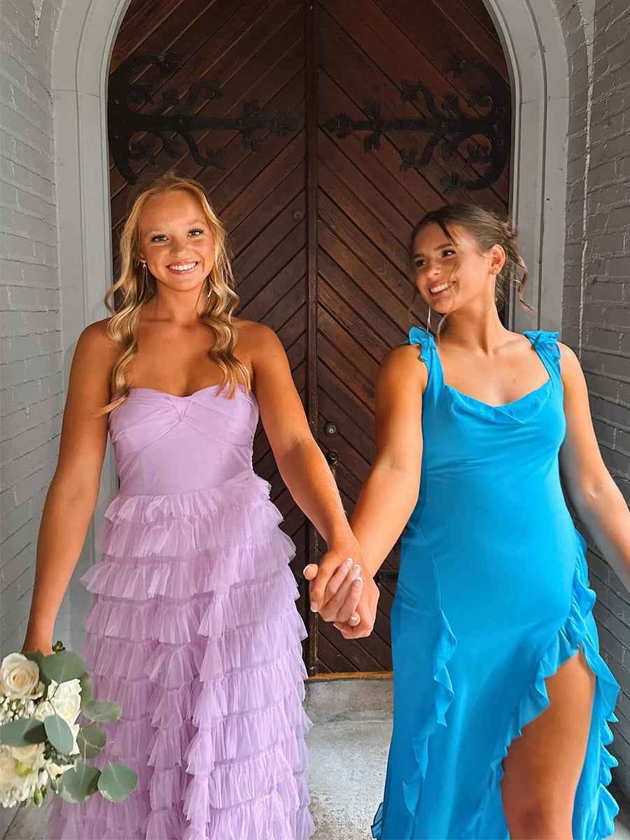 Lavender Sweetheart Tiered Ruffled Tulle Long Prom Dress