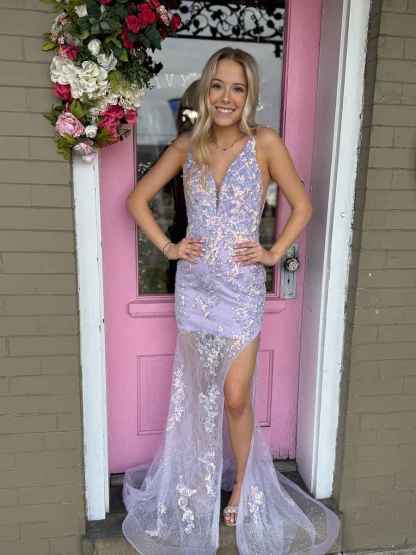 Lavender V-Neck Sequin Long Prom Dress with High Slit