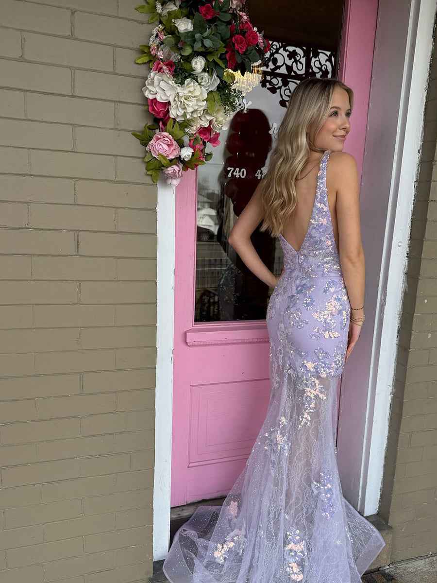 Lavender V-Neck Sequin Long Prom Dress with High Slit