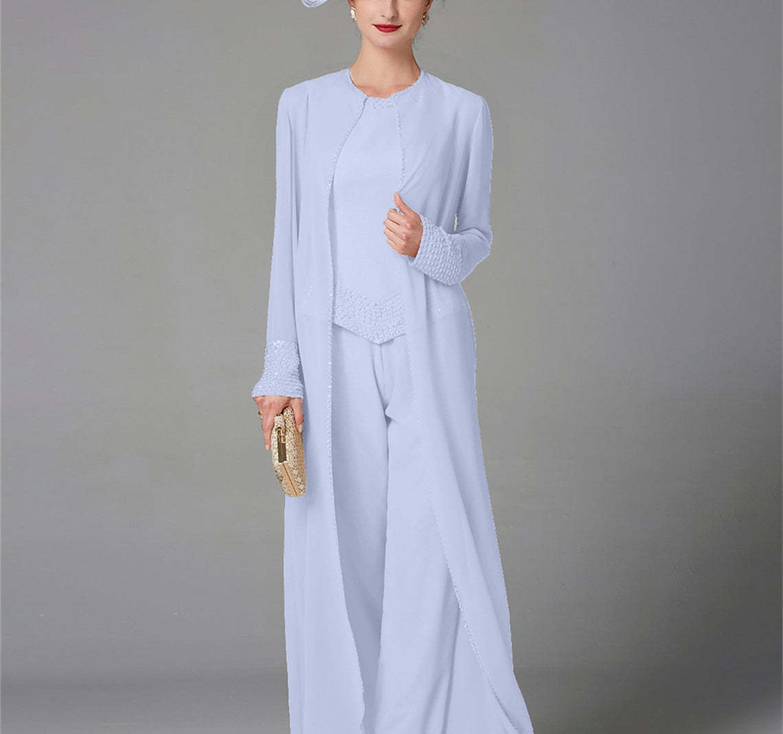 Long-Sleeve Chiffon Pantsuit with Jacket and Sequins for the Mother of the Bride