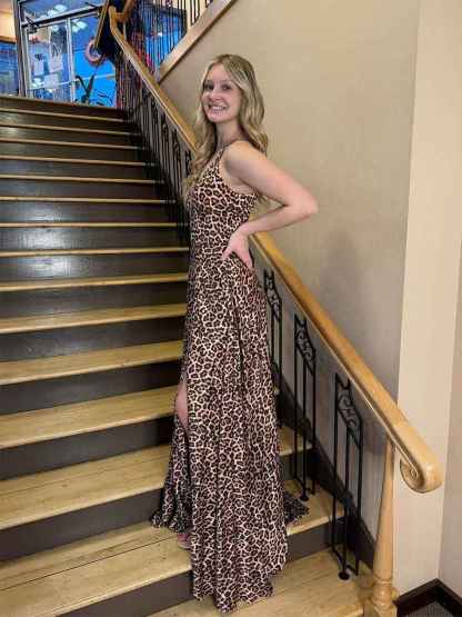 Leopard Print A-Line Deep V-Neck Prom Dress with Slit