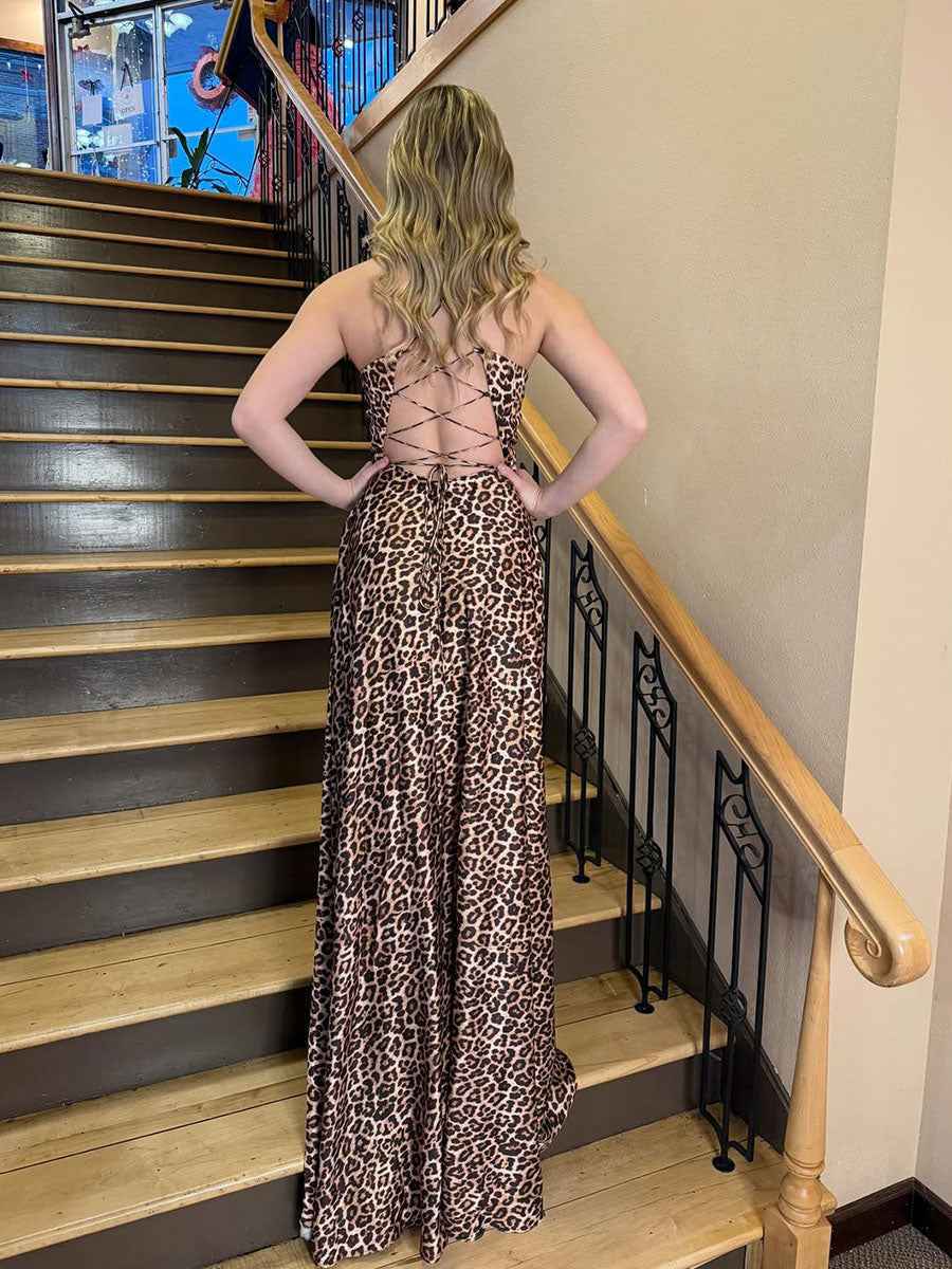 Leopard Print A-Line Deep V-Neck Prom Dress with Slit