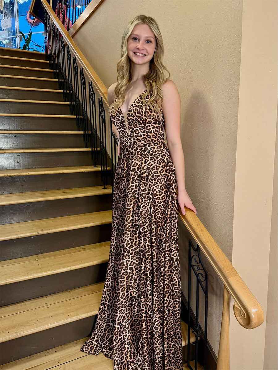 Leopard Print A-Line Deep V-Neck Prom Dress with Slit