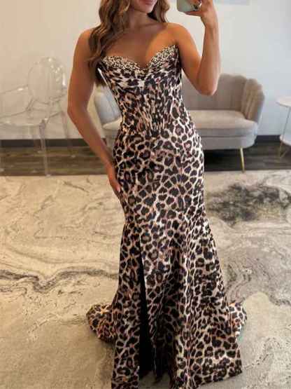 Leopard Print Beaded Sweetheart Mermaid Prom Dress with Corset Bodice