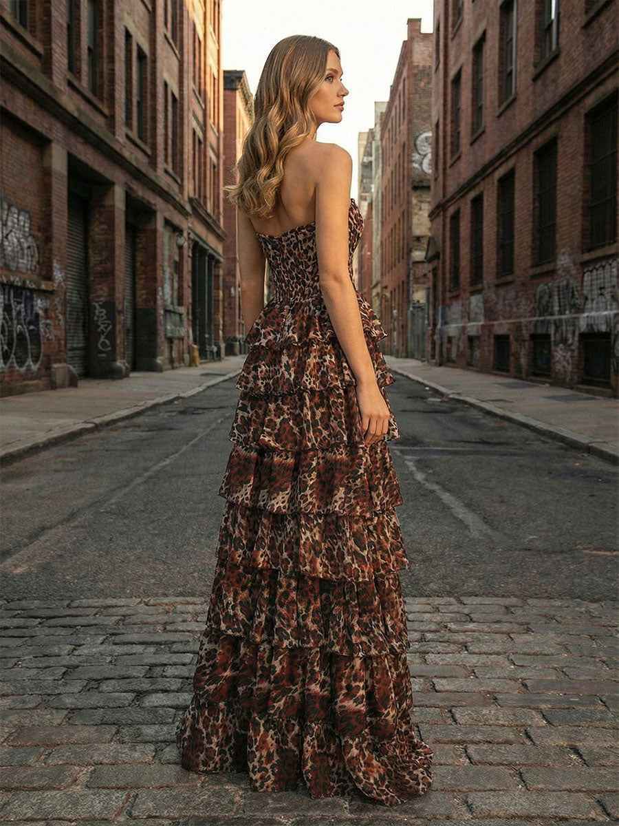 Leopard Print Strapless A-Line Tiered Ruffles Prom Dress with Lace Trim