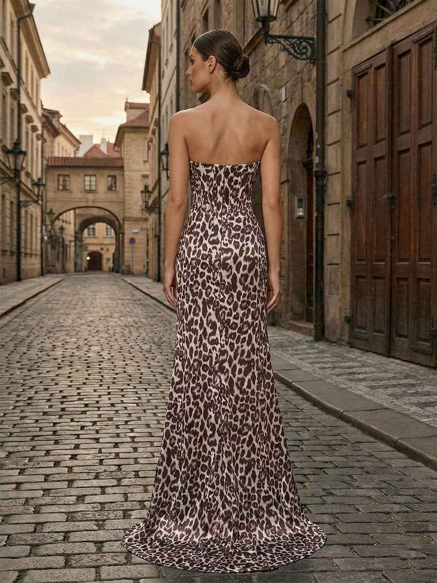 Leopard Print Strapless Sequin Bust Column Prom Dress with High Slit