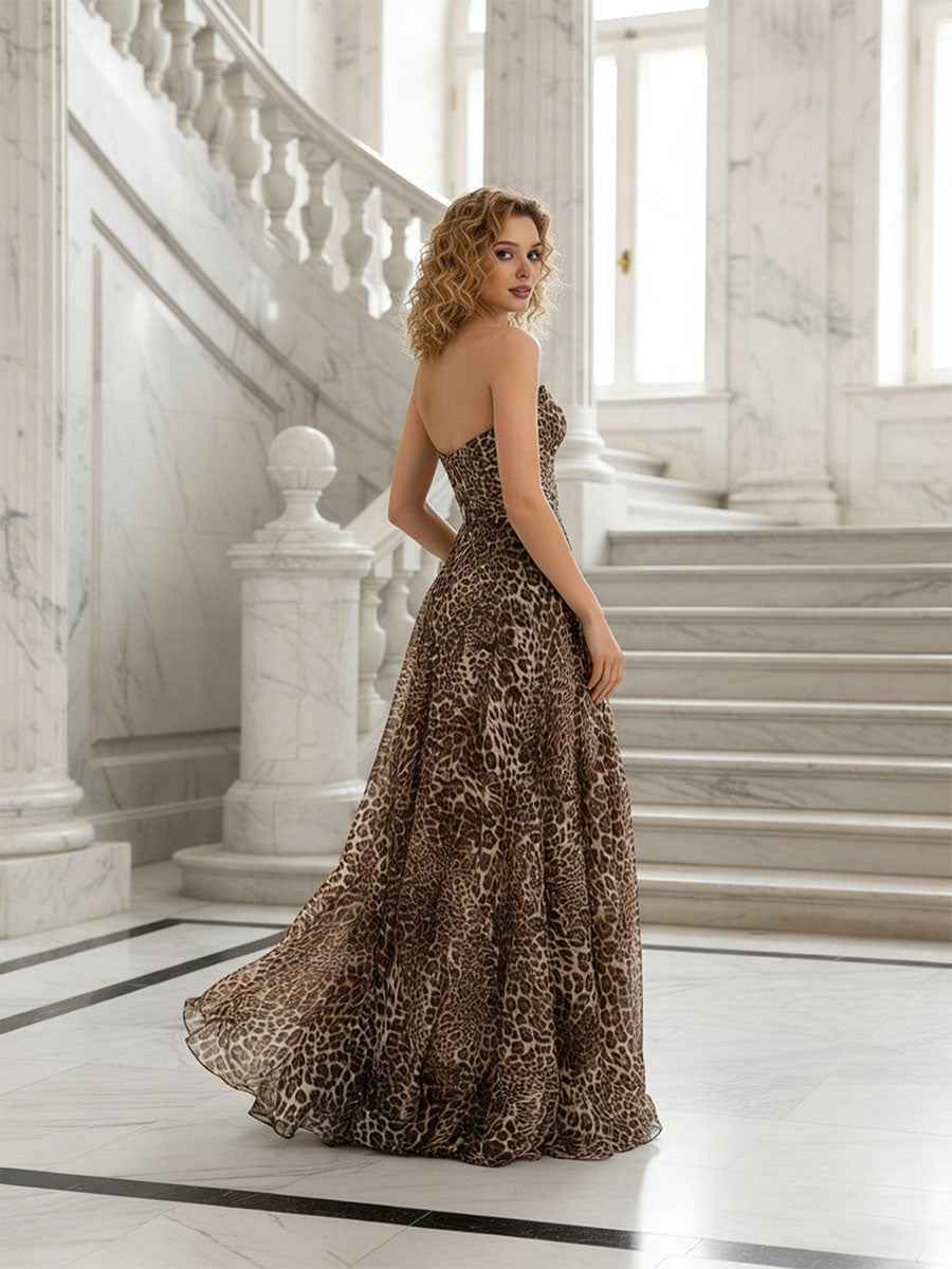 Leopard Print Strapless Sweetheart A-Line Prom Dress with High Slit