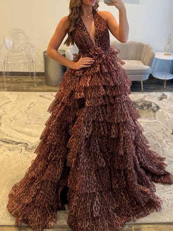 Leopard Print Tiered Ruffle Halter Long Prom Dress
