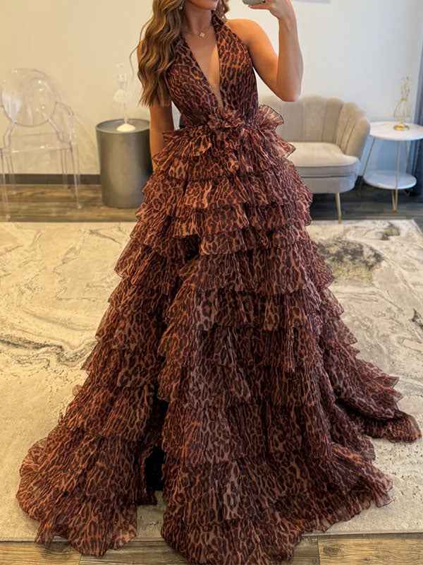 Leopard Print Tiered Ruffle Halter Long Prom Dress