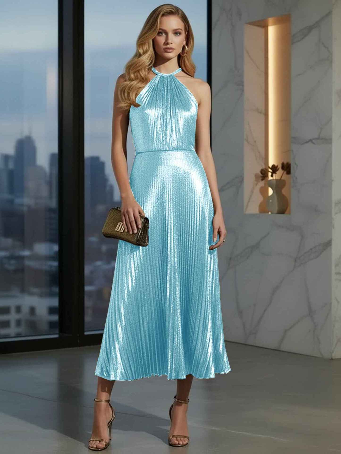 Luxurious Champagne-Gold Pleated Halter Midi Prom Dress