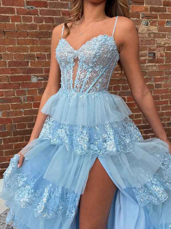 Light Blue A-Line Spaghetti Straps Long Tulle Prom Dress with Appliques