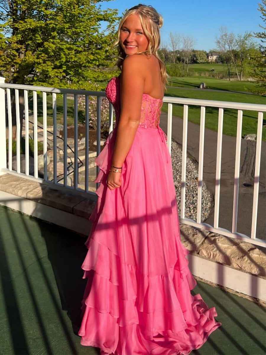 Light Blue A Line Strapless Appliques Corset Prom Dress with Ruffle Skirt