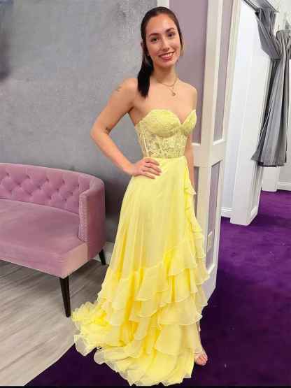 Light Blue A Line Strapless Appliques Corset Prom Dress with Ruffle Skirt