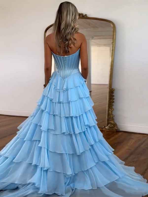 Yellow A Line Strapless Satin Corset Long Prom Dress with Ruffle Skirt