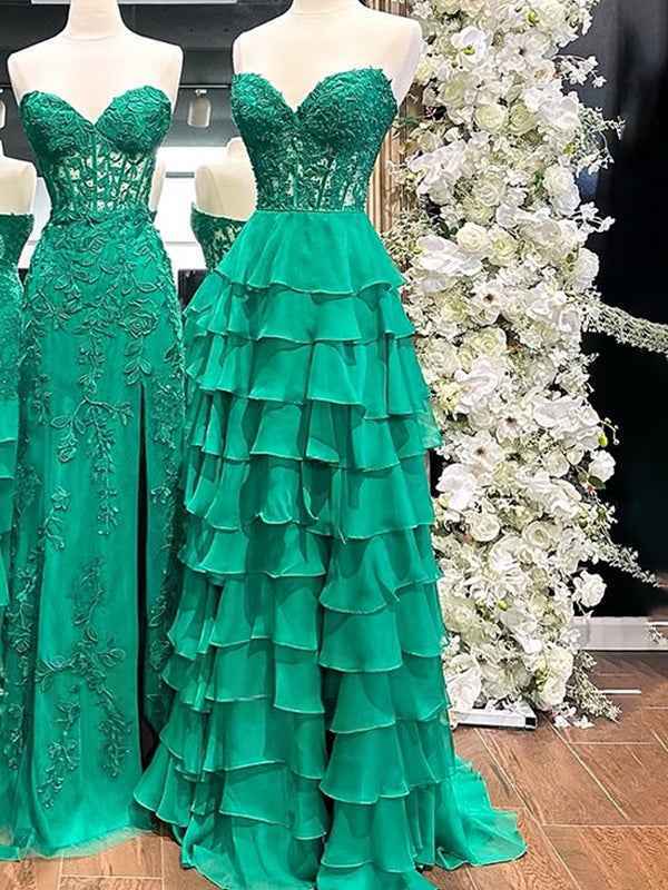 Light Blue A-Line Sweetheart Long Tiered Prom Dress with Slit