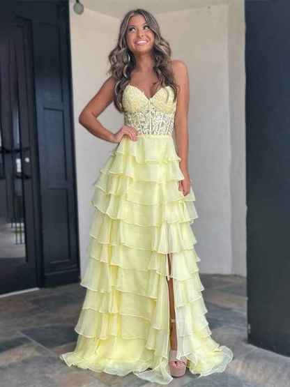 Light Blue A-Line Sweetheart Long Tiered Prom Dress with Slit