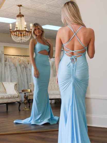 Light Blue Mermaid Long Scoop Neck Satin Long Prom Dress